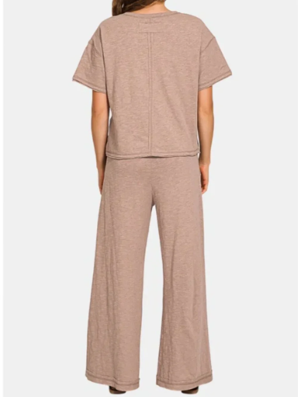 NEW Zenana 100% Cotton Relaxed Slub Short-Sleeved Top Pants Set Beige CSTP-3478 - Picture 2 of 16